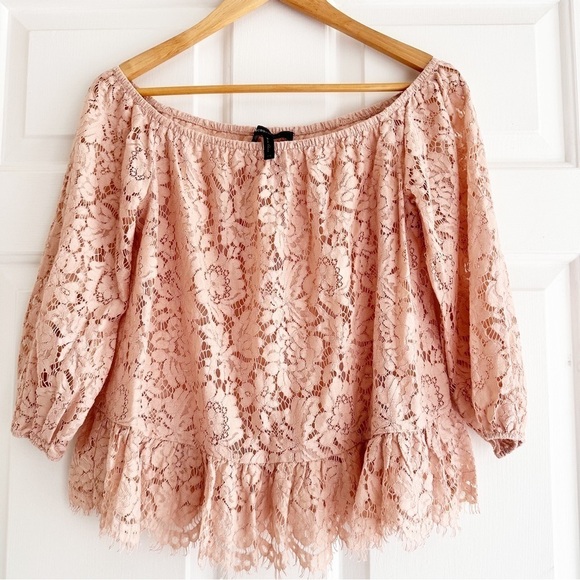 BCBG Lace Mesh Off Shoulder Pink Blouse Swifty Valentines - Picture 1 of 5